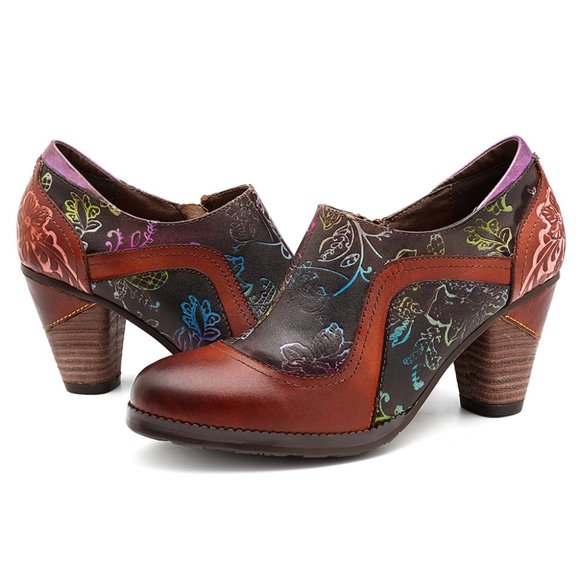 SOCOFY Flowers Leather Stitching Zipper Pumps - Picture 3 of 8